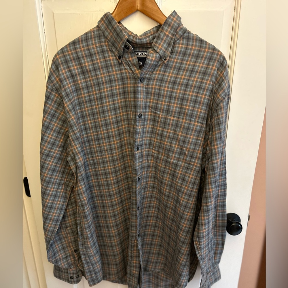 Lands' End Men's Thin FlannelPlaid Button-Down Shirt - Blue and Peach Stripes